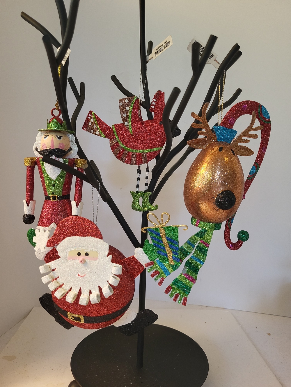 S/4 Pier 1 Glitter Ornaments Santa,Reindeer,Cardinal, Nutcracker